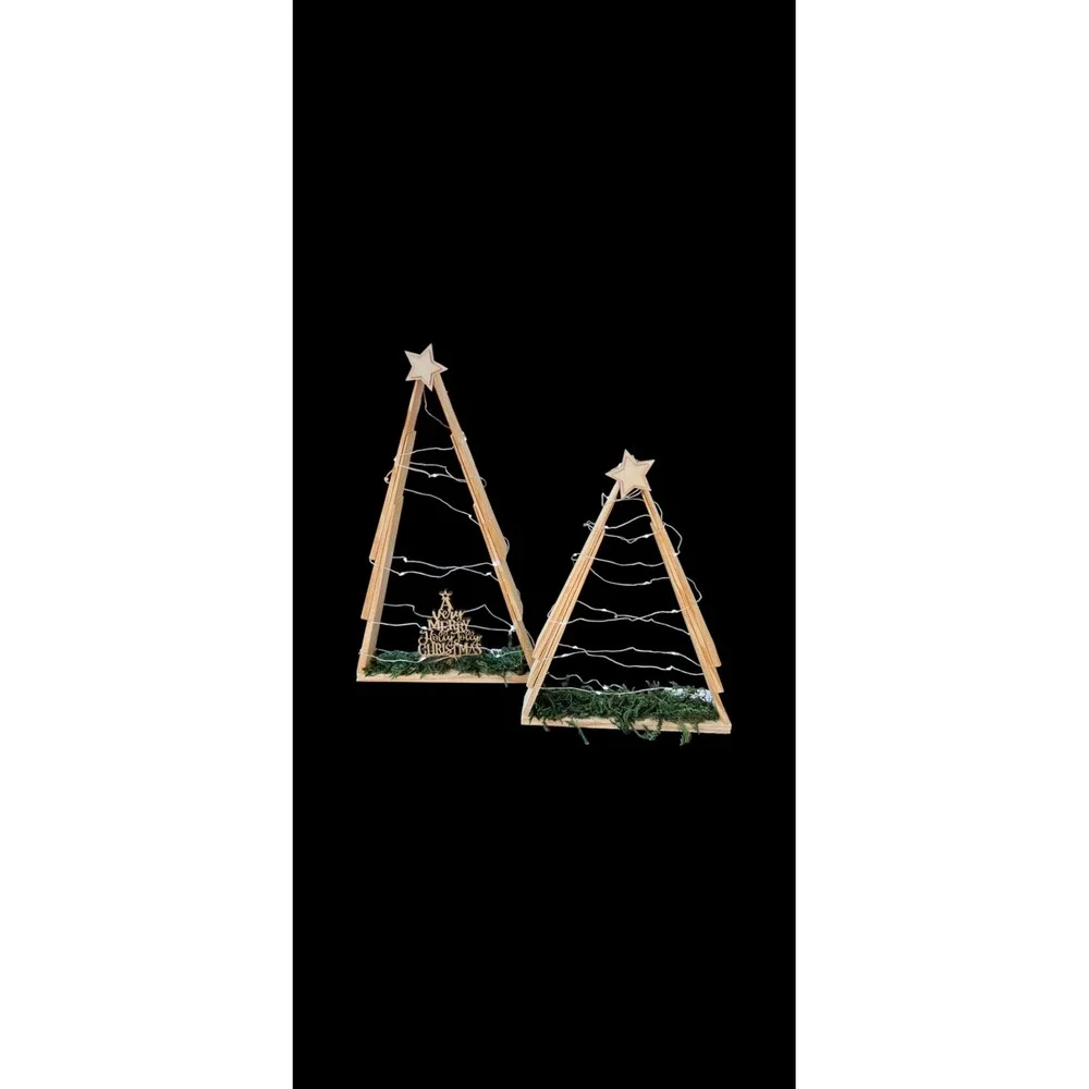 Set of‎ 3 Rustic Wooden Christmas Trees with Lights, 10, 13.5, 15 in. Heights